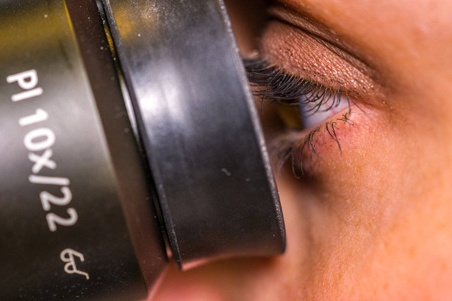 Frau beim Blick durch das Okular eines Mikroskops bei der Zelluntersuchung